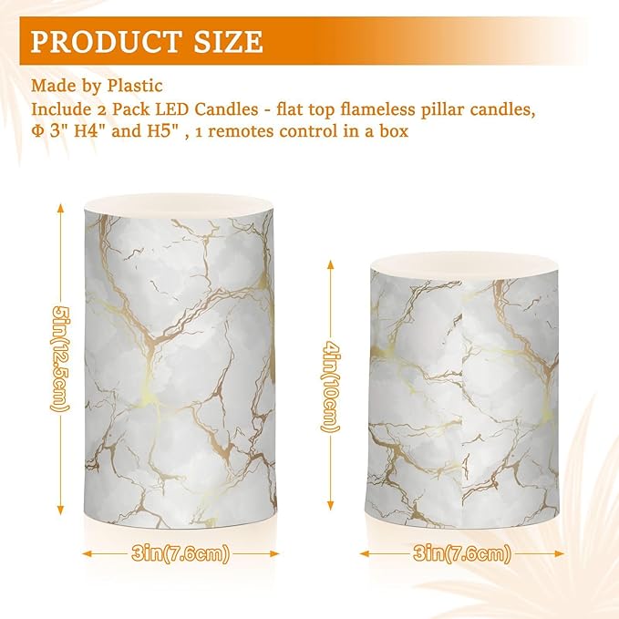 Flickering Flameless Candles, Marble Gray White Golden Texture LED Candles with Remote Timer, Set of 2 Battery Operated Candle for Valentine Wedding Birthday