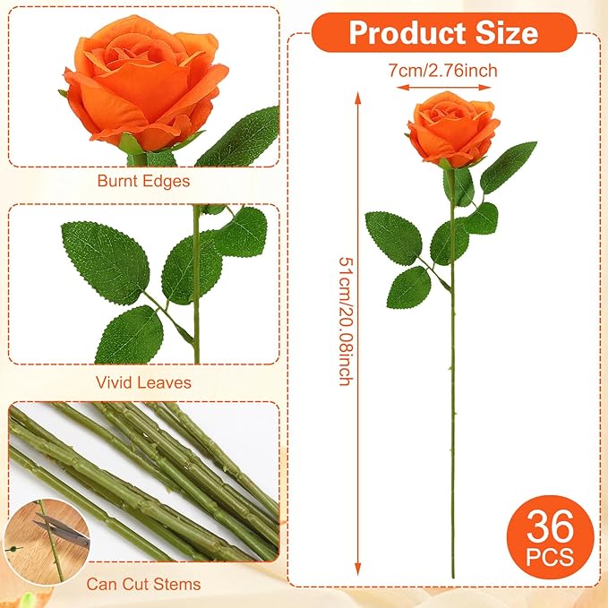 36 Pcs Orange Artificial Roses with Long Stems, Fake Silk Rose Artificial Flowers Bulk for Bridal Wedding Bouquet Centerpiece Ball Arrangement Party Decor