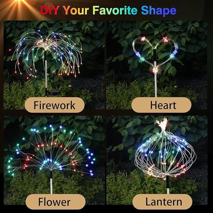 Firework Solar Garden Lights, 120 LED Solar Firework Lights with 8 Lighting Modes, Waterproof Sparkler Starburst Solar Lights Outdoor for Yard Porch Patio Backyard Decor Present, 4 Pack