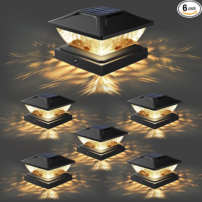 Solar Post Cap Lights Outdoor: 6 Pack 48 LED Fence Post Solar Lights - Solar Powered 2 Lighting Modes 4x4 Post Solar Lights for Deck Porch Patio Garden Decor - Fit 3.5x3.5 5x5 Vinyl Wooden Lamp Post