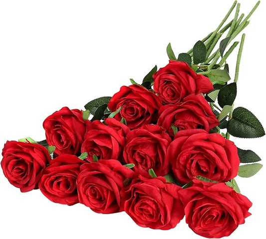 Hawesome 12PCS Artificial Silk Flowers Realistic Roses Bouquet Long Stem for Home Wedding Decoration Party (12pcs-red 1)
