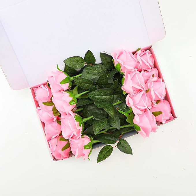 Pink Fake Roses Artificial Flowers - 16 Pcs Fake Artificial Roses Silk Flowers with Stems for Home Wedding Hotel Office Centerpiece Decor