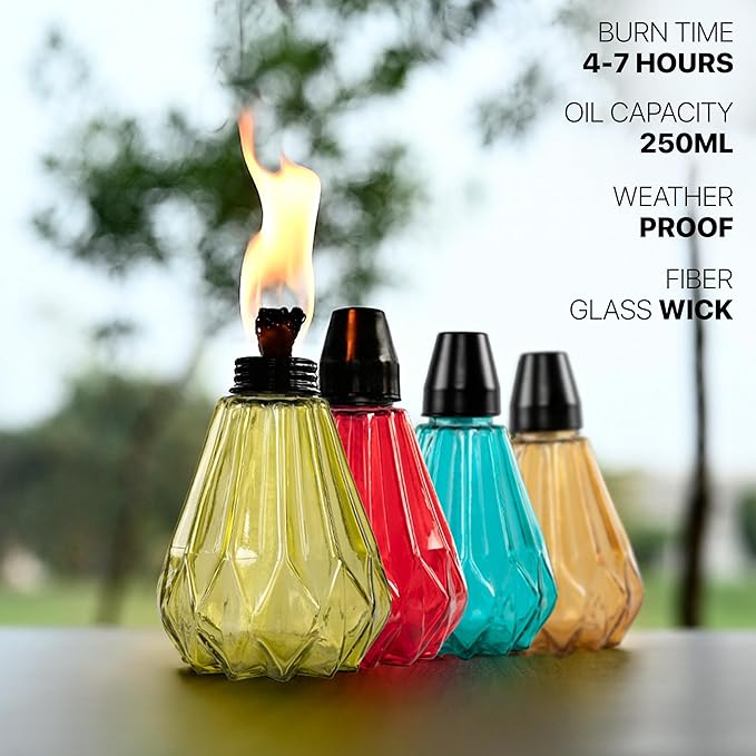 Deco Window Pack of 4 Table Torch for Indoor Outdoor Citronella Oil Tabletop Glass Lamp Landscape Multicolored Lantern with Fiberglass Wick & Cap for Garden Patio Yard Party Decor Light