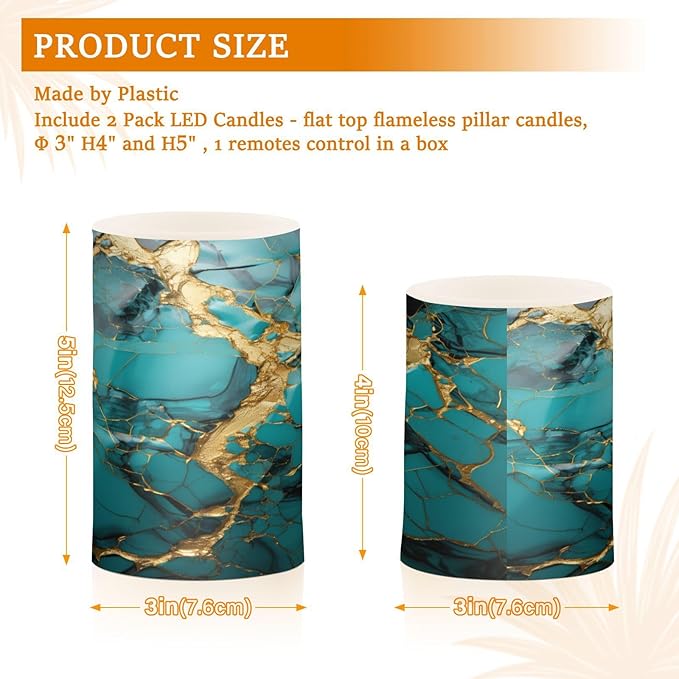 Flickering Flameless Candles, Turquoise Golden Marble LED Candles with Remote Timer, Set of 2 Battery Operated Candle for Valentine Wedding Birthday
