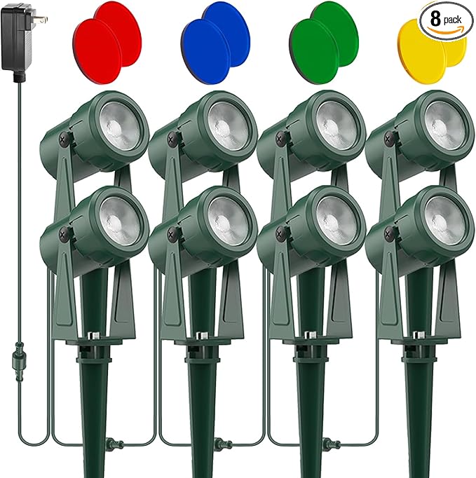 ZYAN 8 Pack Outdoor Landscape Lighting with 8 Colorful Lens and Power Supply, Green Shell