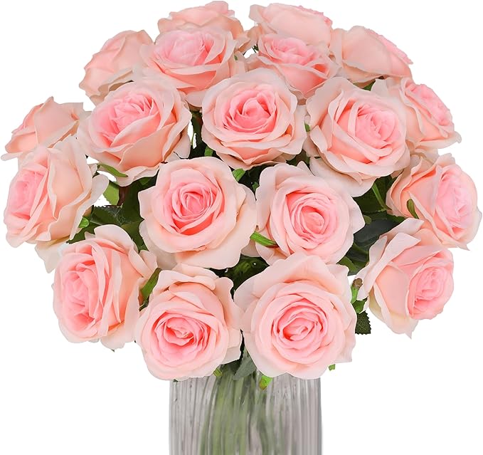 Pink Fake Roses Artificial Flowers - 10 Pcs Fake Artificial Roses Silk Flowers with Stems for Home Wedding Hotel Office Centerpiece Decor（Champagne Pink）