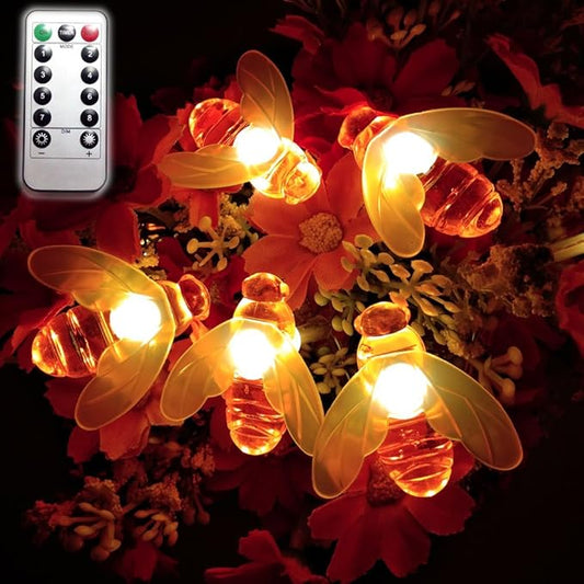 Remote Bee String Lights, 19.5Ft 40 Led Bee Shape Fairy String Lights Battery Operated String Lights for Garden, Patio, Lawn Decoration with Remote Control(Warm White)