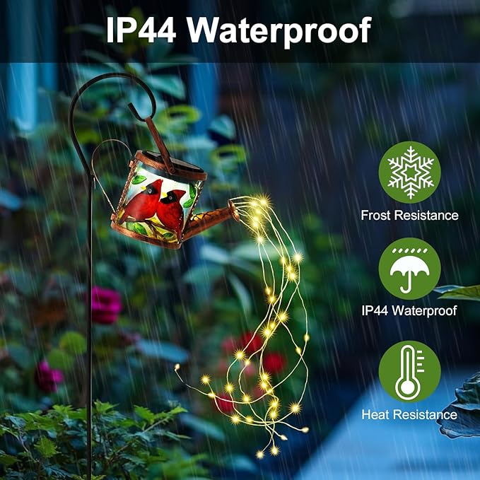 Larekook Solar Outdoor Watering Can Lights Decorative Path Lights, Metal Glass Solar Garden Light Outdoor Waterfall Decor Ornament for Yard Lighting Outside Cardinal
