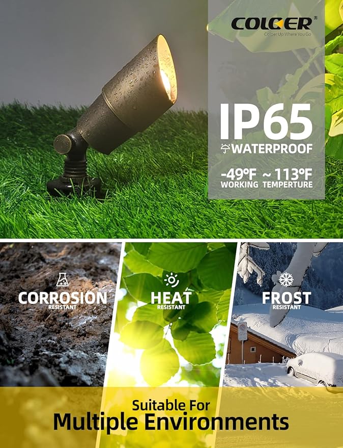 COLOER Die-cast Brass Outdoor Spot Lights for Yard, 12V AC/DC Low Voltage Landscape Lighting Kit, IP65 Waterproof Backyard Outdoor Directional Uplight(101B,Bronze,10-Pack Without Bulb)