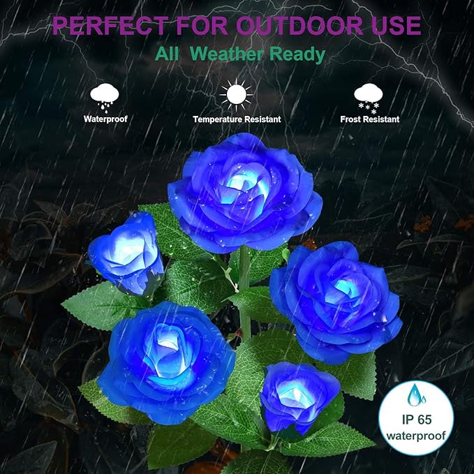 Solar Flower Lights Outdoor - Upgraded New Material Two Modes Realistic LED Solar Powered Waterproof Lights with 5 Roses, Solar Decorative Stake Lights for Garden (Multicolor, 4 Pack)