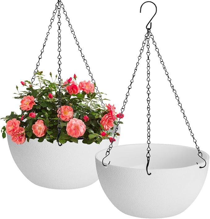 13 inch Hanging Planters for Indoor Plants, 2 Pack Planters for Outdoor Plants with Drainage Holes and Chain, Round Plastic Hanging Baskets, Hanging Flower Pots for Balcony Garden Decor-White