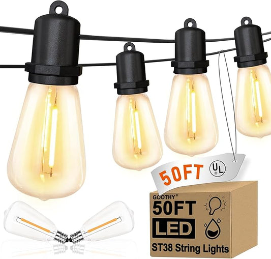GOOTHY LED Outdoor String Lights 50Ft Outdoor Patio Lights with 27 Shatterproof ST38 Vintage Edison Bulbs, Commercial Grade Decorations Light Weatherproof for Backyard Porch Garden Wedding