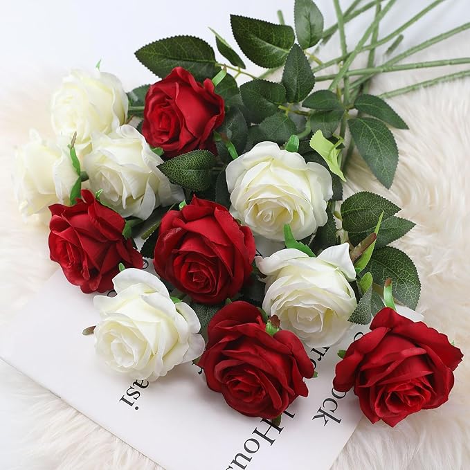 White Fake Roses Artificial Flowers - 16 Pcs Fake Artificial Roses Silk Flowers with Stems for Home Wedding Hotel Office Centerpiece Decor