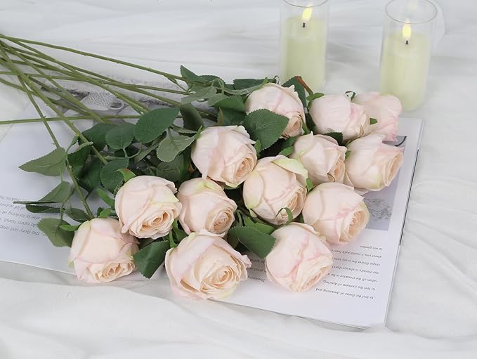 12pcs Pink Roses Artificial Flowers Vintage Burnt Edge Rose 20" Realistic Silk Roses Bouquet with Long Stem for Wedding Party Floral Centerpieces Decoration (Pink)