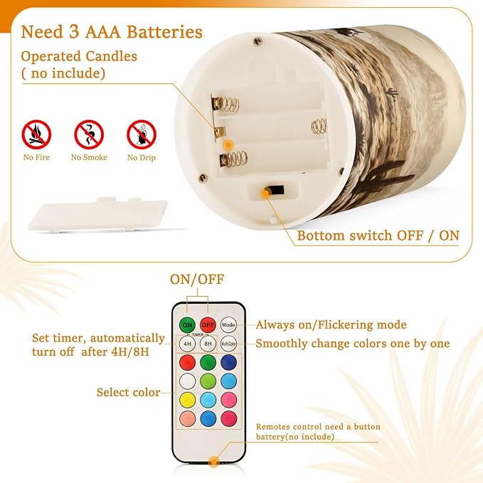 Western Desert Cowboy Flameless Candles with Remote Control and Timer, Adjustable Brightness Long Lasting Battery Operated LED Pillar Candles for Indoor Outdoor Party Home Decor, 2 Pack