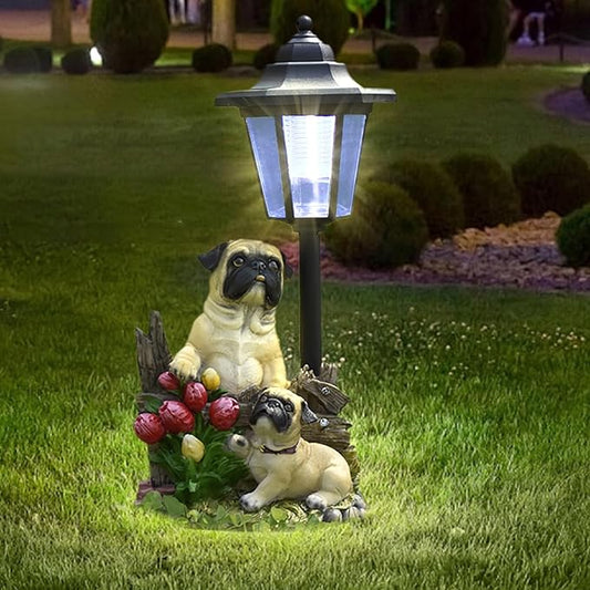 Solar Garden Country Farm Pug Dogs with Light, Outside-Outdoor Decorations Animal Statue for Patio Yard Lawn Walkway Ornaments Clearance Gifts for Mom Grandma Birthday