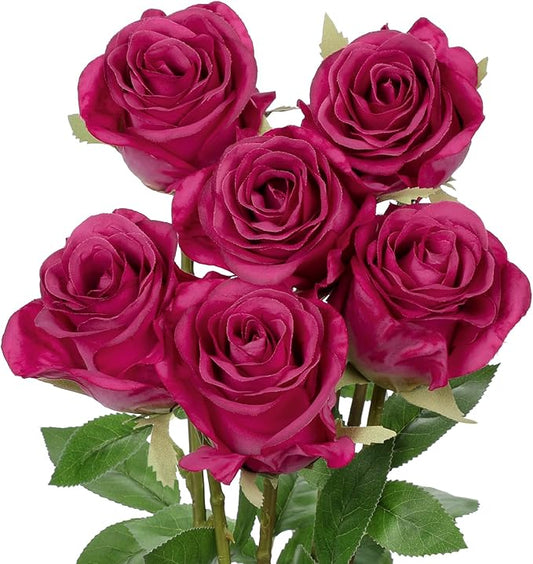 Briful Hot Pink Artificial Roses – 6PCS 18.9" Silk Rose Faux Flowers with Long Stems Realistic Fake Rose Bouquet for DIY Wedding Arrangements Table Vase Centerpieces Home Event Decor