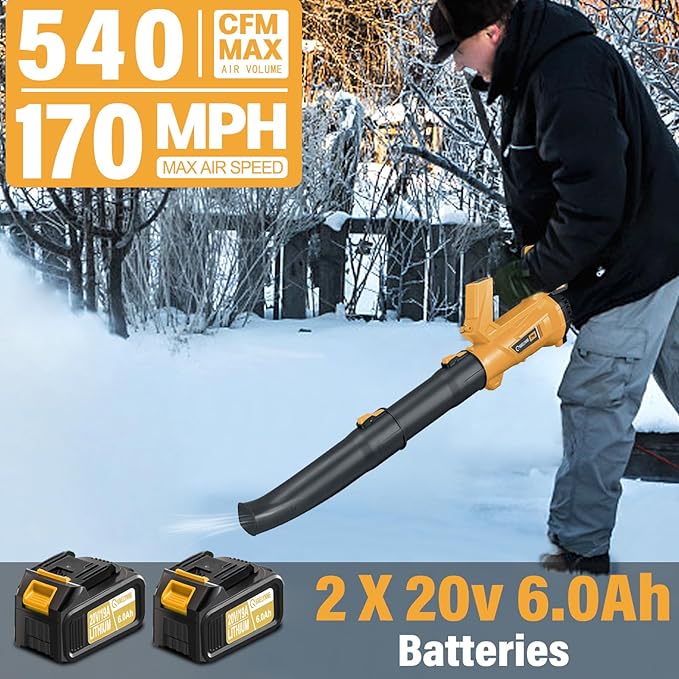 Leaf Blower Cordless, 20V Powerful Electric Leaf Blower with 2 Battery and Charger, 540 CFM/170 MPH Rechargeable Leaf Blowers, 6.0Ah Battery Powered Leaf Blowers for Lawn Care, 6 Speed Mode