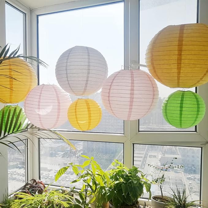 Chinese Style Paper Lanterns, Set of 12, Suitable for Party Decoration (Yellow, 12in)