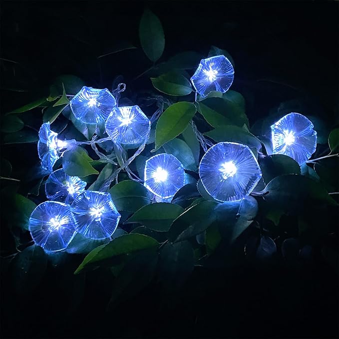 Solar Petunia Blue Morning Glory Flowers and Solar Hawaiian Frangipani Flower String Lights Tropical Flowers