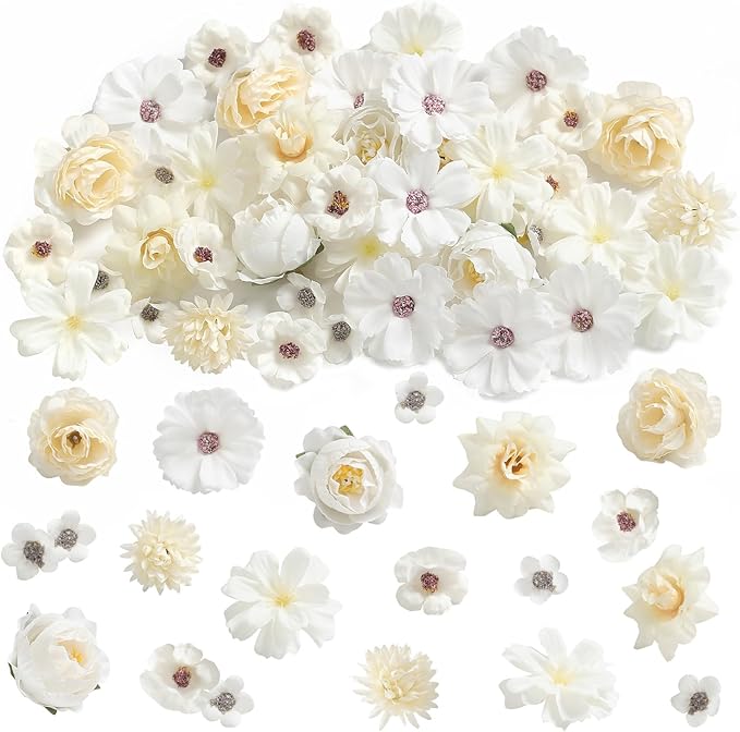 Faux Flower Heads Small Silk Artificial Flower DIY Fake Mini Flowers Rose Daisy Multicolor Flowers Craft Supplies for Wedding Party Wreath Graduation Season Party Home Decor (45, White)