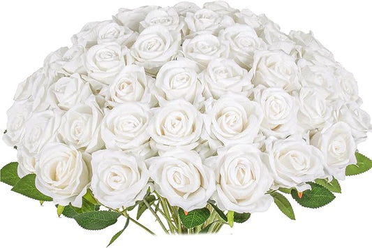 30 PCS Fake White Roses, Artificial White Flowers Bulk Realistic Silk Faux Roses with Stems for Wedding Decorations Table Centerpieces Bridal Bouquet DIY Floral Arrangement Event Party Home Decor