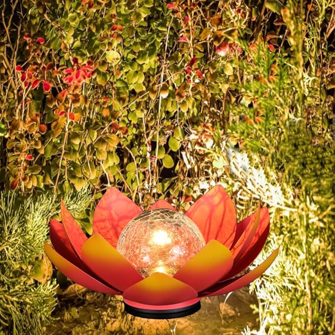 12 inches Solar Lights Outdoor Garden, Crackle Globe Glass Lotus Decoration, Waterproof LED Metal Flower Lights for Patio,Lawn,Walkway,Tabletop,Ground Gardening Gifts (Red)