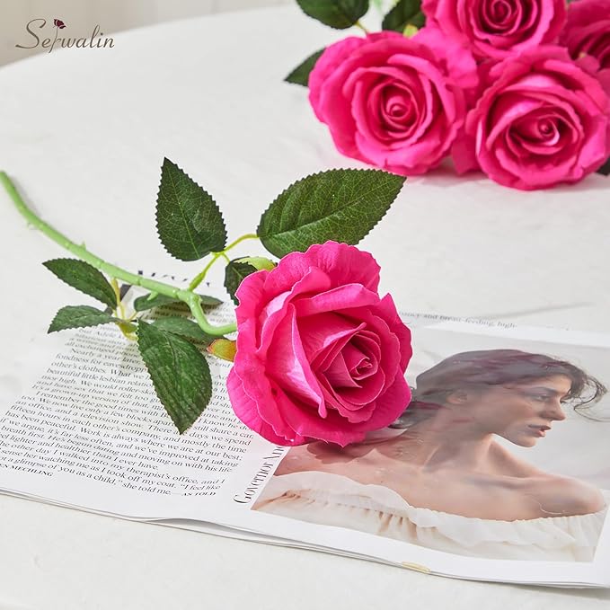 Serwalin 20pcs Artificial Roses, 4'' Big Flower Head, Hot Pink Roses Velvet Real Touch, Silk Fake Roses Long Stem Realistic Bouquet for Wedding Table Centerpiece and Home Decor