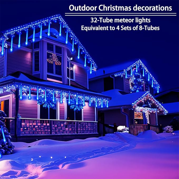 Christmas Lights Outdoors, 32 Tubes(Equivalent to 4 Sets of 8-Tubes) Meteor Shower Rain Lights - Blue lcicle Christmas Light Outdoor for Xmas Tree Wedding Party Holiday House Yard Decor, UL Plug