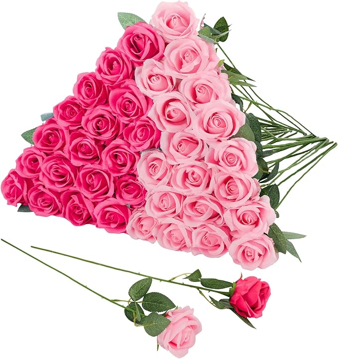 36 Pcs Pink, Hot Pink Artificial Roses with Long Stems, Fake Silk Rose Artificial Flowers Bulk for Bridal Wedding Bouquet Centerpiece Ball Arrangement Party Decor