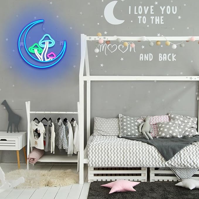 Moon Mushroom Neon Sign Blue Moon Neon Lights for Wall Decor Mushroom Light Up Signs USB LED Signs for Girls room Living Room Kids Room Home Bar Party Shop