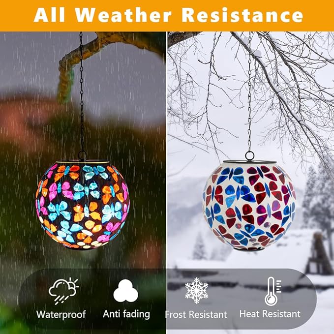 Hanging Solar Lanterns Outdoor Waterproof, Decorative Mosaic Butterfly Solar Lantern, Gazing Ball Globe Hanging Lantern for Patio Garden Yard Home Decor