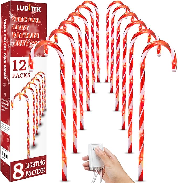 Luditek 24.5 inch Christmas Candy Cane Pathway Markers Set of 12 Christmas Outdoor Outside Decorations Lights 8 Blinking Modes Indoor Holiday Xmas Yard Patio Garden Walkway Decor