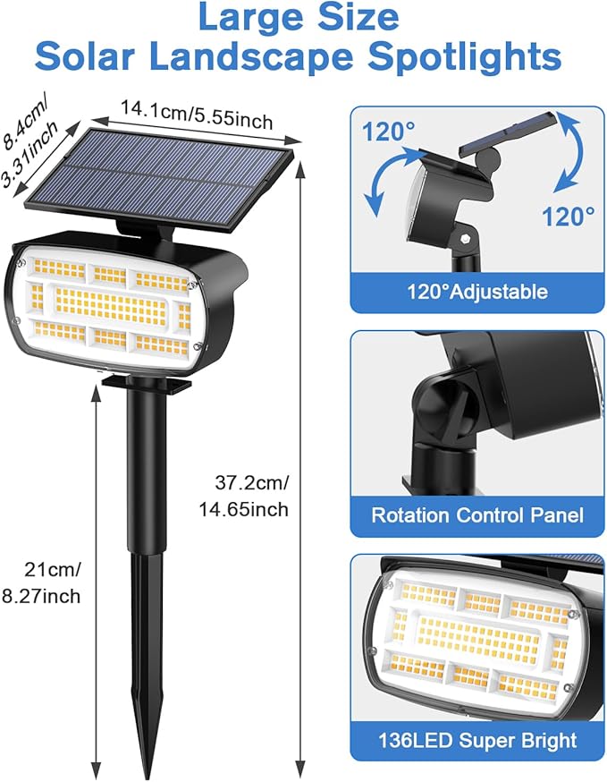 Fabrito Solar Spot Lights Outdoor 136 LEDs, Large Area Lighting Solar Lights Outdoor, 2 Pack IP65 Waterproof Landscape Spotlights Auto On/Off for Yard, Garden, Pathway, Plants,Tree (Warm White)