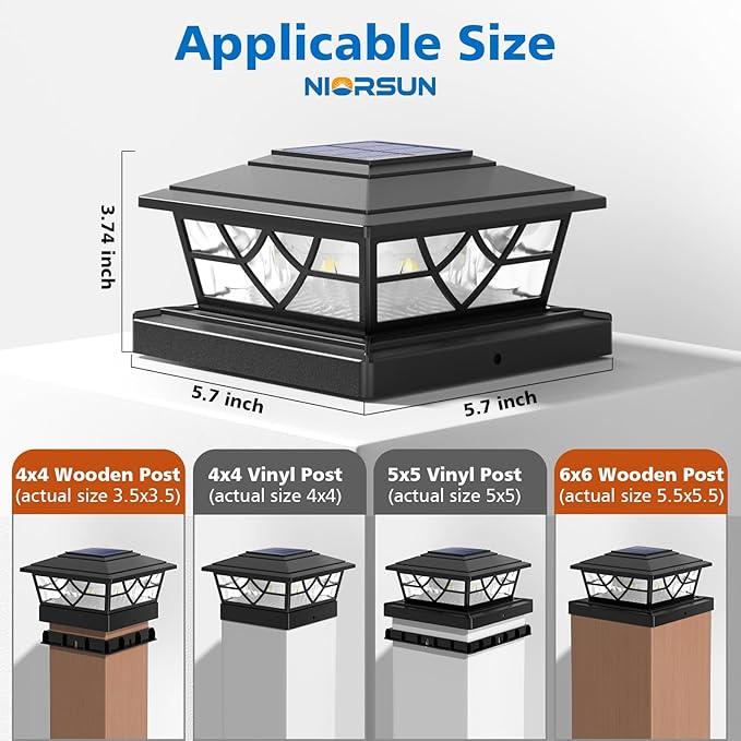 NIORSUN Solar Post Lights Outdoor 4 Pack, 2 Modes LED, Deck Fence Post Solar Lights for 3.5x3.5 4x4 5x5 5.5x5.5 Caps Patio Garden Decoration, Black