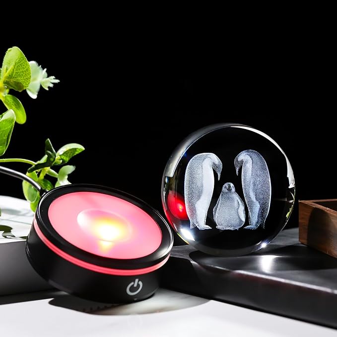 YWHL 3D Crystal Ball Penguin Figurine with LED Base Laser Penguins Gifts for Women Men on Christmas Birthday Decorative Penguin Statue Ball Glass Animals Globe Night Light for Home Decor (80mm)