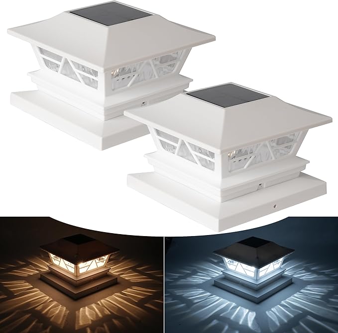 TW SHINE 2 Pack Solar Outdoor Fence Post Lights, 2 Modes Post Cap Lights Waterproof Warm White/Cool White for Yard, Garden, Porch, Patio Decor, for 4x4 5x5 6x6 Wood Posts, White