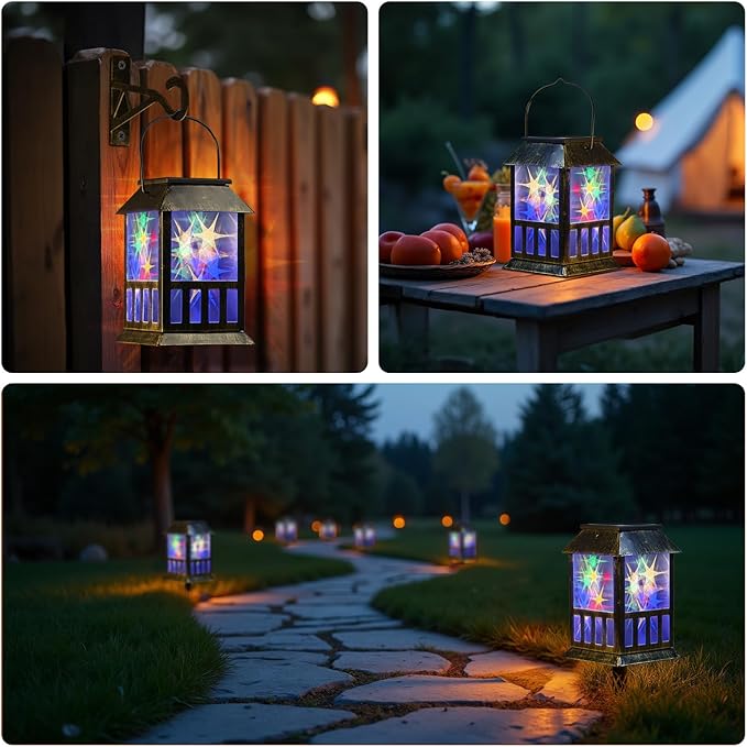 Solar Lanterns Outdoor Waterproof, Pathway Lights Hanging Lights with 3D Lighting Effects, Solar & USB C Charging, Metal Garden Decor Lights for Landscape Yard Patio Lawn Driveway, RGB Light 1 Pack