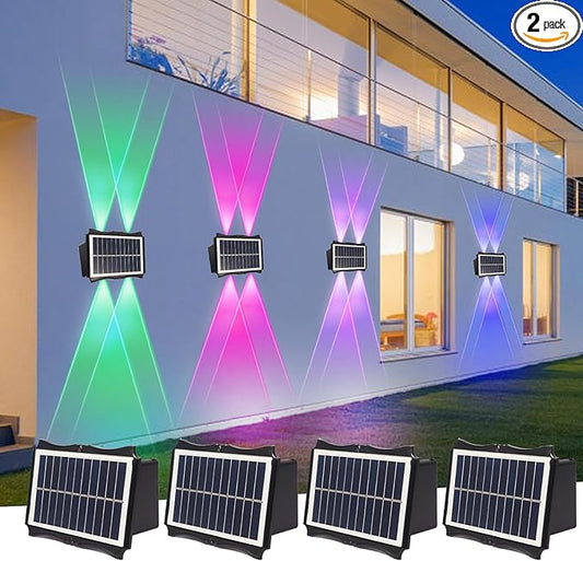 Solar Powered Outdoor LED Lights, Waterproof Wall Sconces, 4 LEDs Fence Lights, Up & Down Lighting for Backyard, Deck, Patio, Porch, Balcony, Garden (4 Pack)
