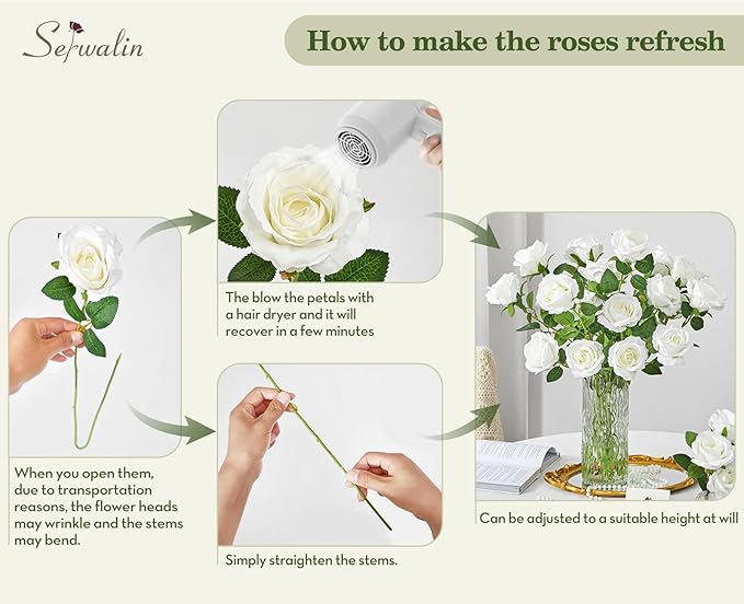 Serwalin 50pcs Artificial White Roses, 4'' Velvet Flower Head Fake Roses Bulk, Real Touch Silk Roses Realistic Bouquet Long Stems Wedding Home Decor and Table Centerpiece