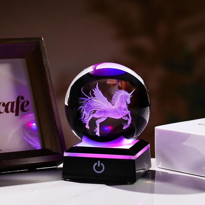 Qianwei Unicorn Gifts for Women 3D Crystal Ball 3.14'' - 80mm Laser Unicorn Decor Glass Animals Unicorn Gifts Figurines Statue Stuff for Room Decorations Unicorn Night Light