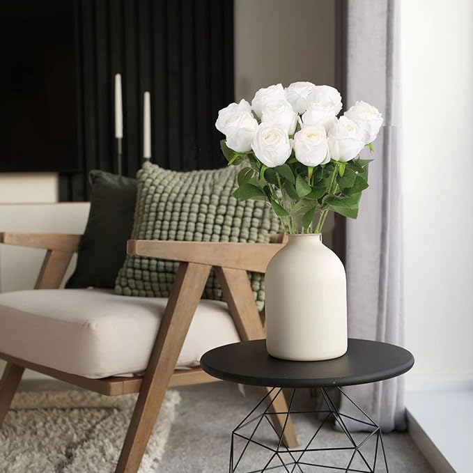 12 pcs White Roses Artificial Flowers Vintage Burnt Edge Rose 20" Realistic Silk Roses Bouquet with Long Stem for Wedding Party Floral Centerpieces Decoration (White)