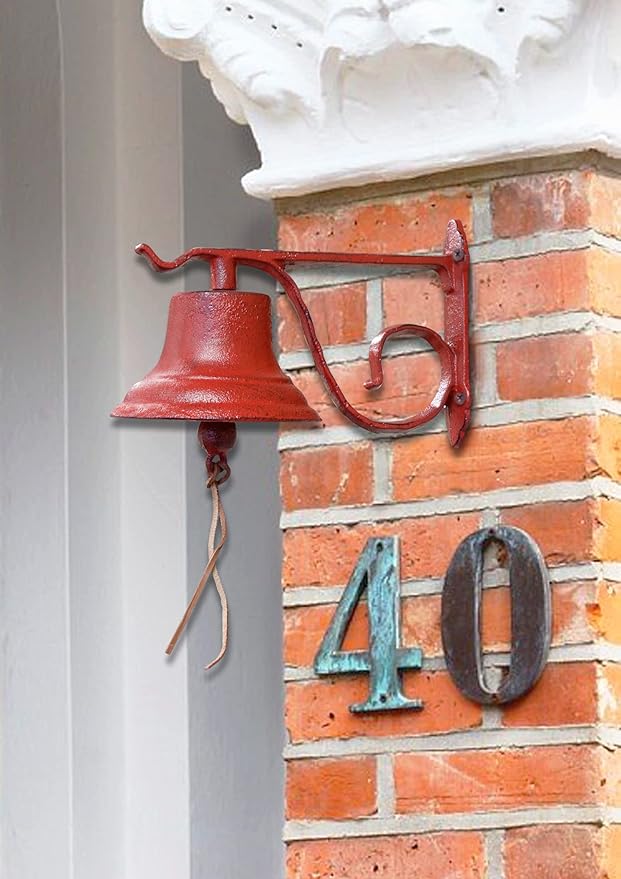NACH Dinner Bell Outdoor, 8.5 x 5 x 6.5 inch, Antique Red Cast Iron Wall Bell, Decorative Doorbell for Outside