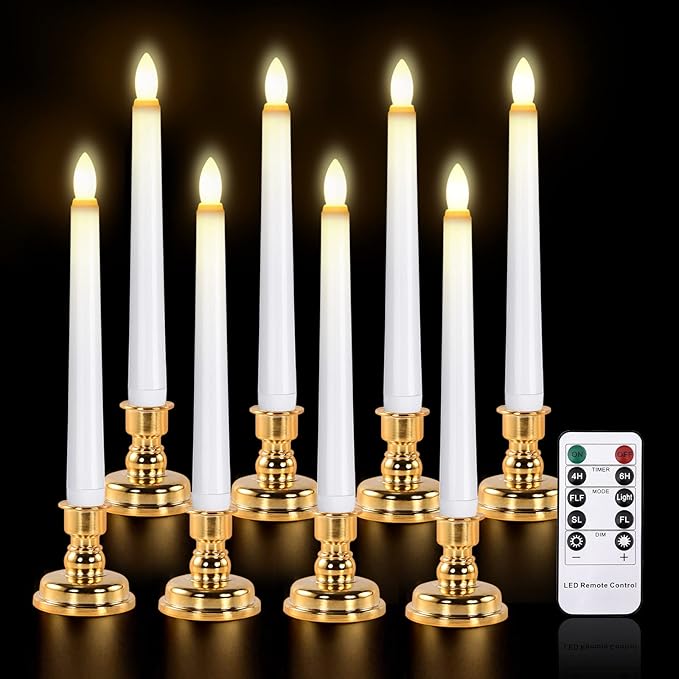 JOSU Taper Battery Operated Candles: 8PCS Flickering Flameless Candles with Timer - 3D Wick Fake Window Candle Outdoor +8 Gold Candlesticks, for Home Decor & Festival Celebration