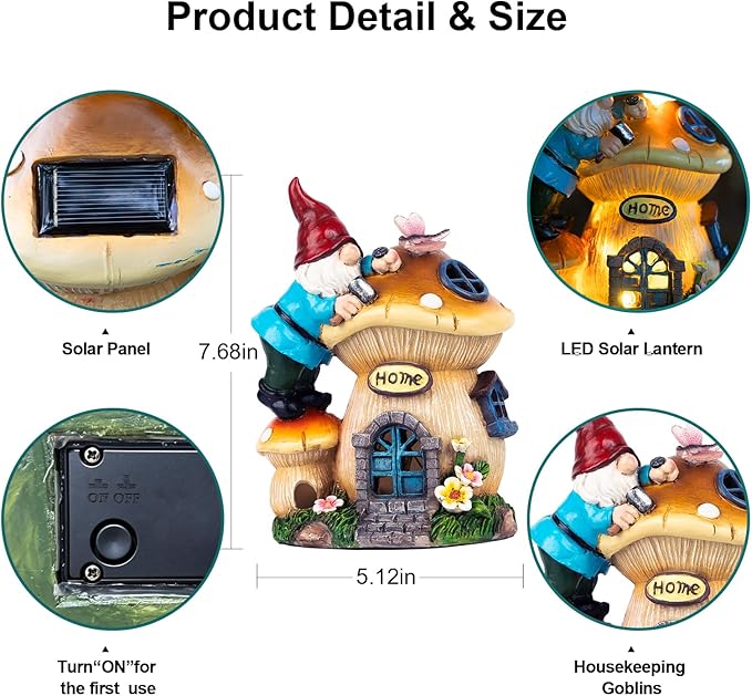 Garden Gnome Statues Figurine Lights - Solar Powered Lighting Outdoor Decorations, Gnome Build Mushroom House, Yard Art Lawn Ornaments for Porch Patio Balcony - Gnome Gifts for Women Mom