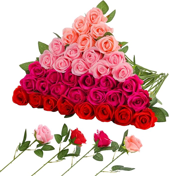 36 Pcs Mixed Pink Red Artificial Roses with Long Stems, Fake Silk Rose Artificial Flowers Bulk for Bridal Wedding Bouquet Centerpiece Ball Arrangement Party Decor