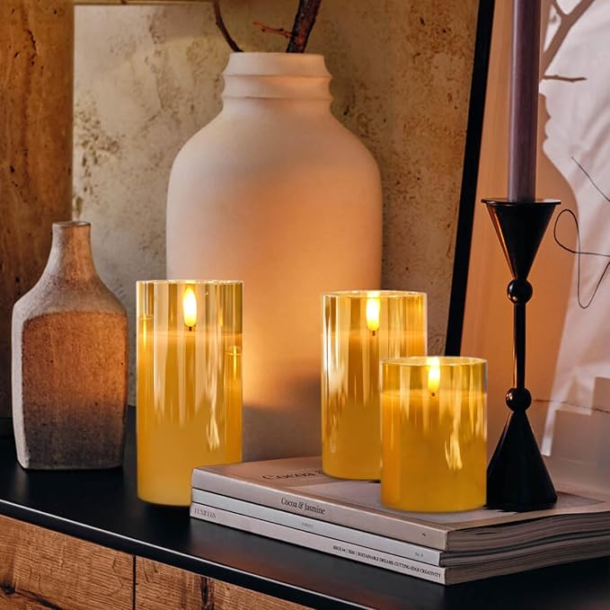 Rechargeable Candles Flickering with Remote, Rechargeable Flameless Candles with Timer, LED Candles Battery Operated with 3D Wick and Charging Cable for Valentine's Day Home Decor(Gold)