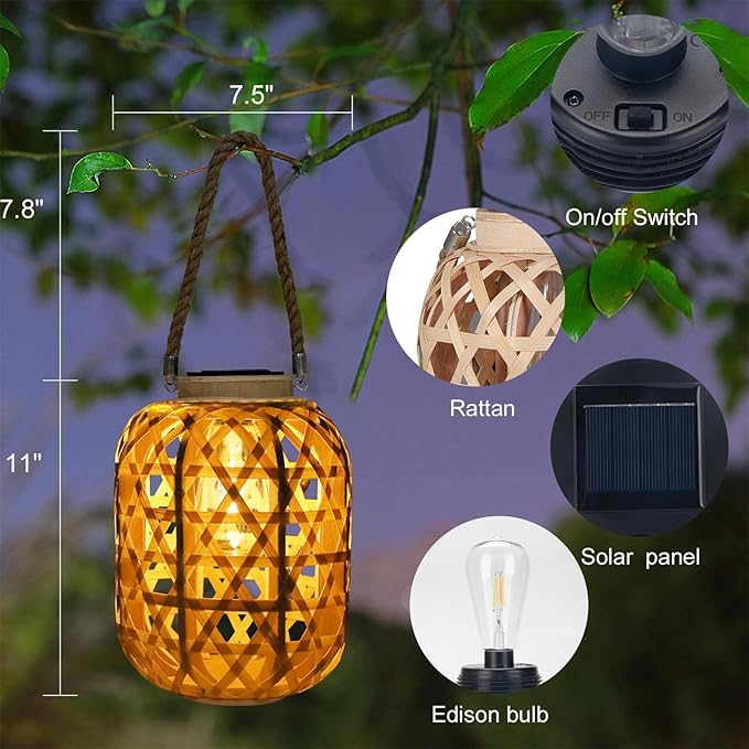 Solar Rattan Lantern Outdoor Hanging Lights with Handle, Waterproof Rattan Solar Lantern, Natural Bamboo LED Decorative Garden Lights for Yard, Patio, Wedding, Home Decoration