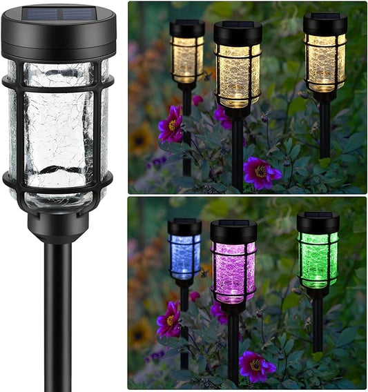 Solar Pathway Lights 2 Pack, Color Changing+Warm White LED Solar Lights Outdoor, Waterproof Lighted Crackle Glass Stake for Garden Path Walkway Backyard Lawn Landscape Decoration