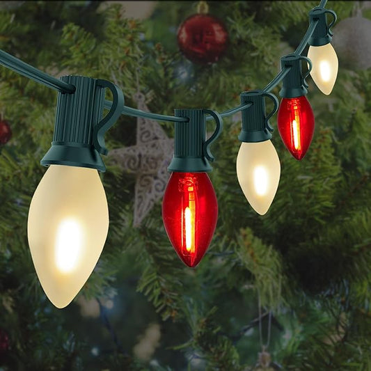 C7 LED Red and Frosted White Christmas Lights 25FT Outdoor Christmas Decorations String Lights with 27 Shatterproof LED Bulbs, Hanging Vintage Christmas Light for Outdoor Garden Wedding Roofline Patio
